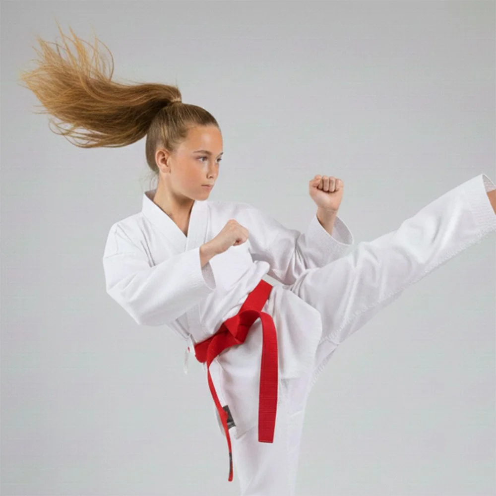 Young girl with long hair performing a high kick in a martial arts uniform with a red belt.