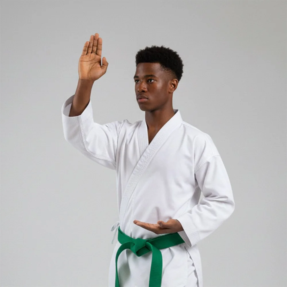 Young man wearing a white martial arts uniform with green belt practicing a martial arts move with one hand raised and the other hand positioned downward.