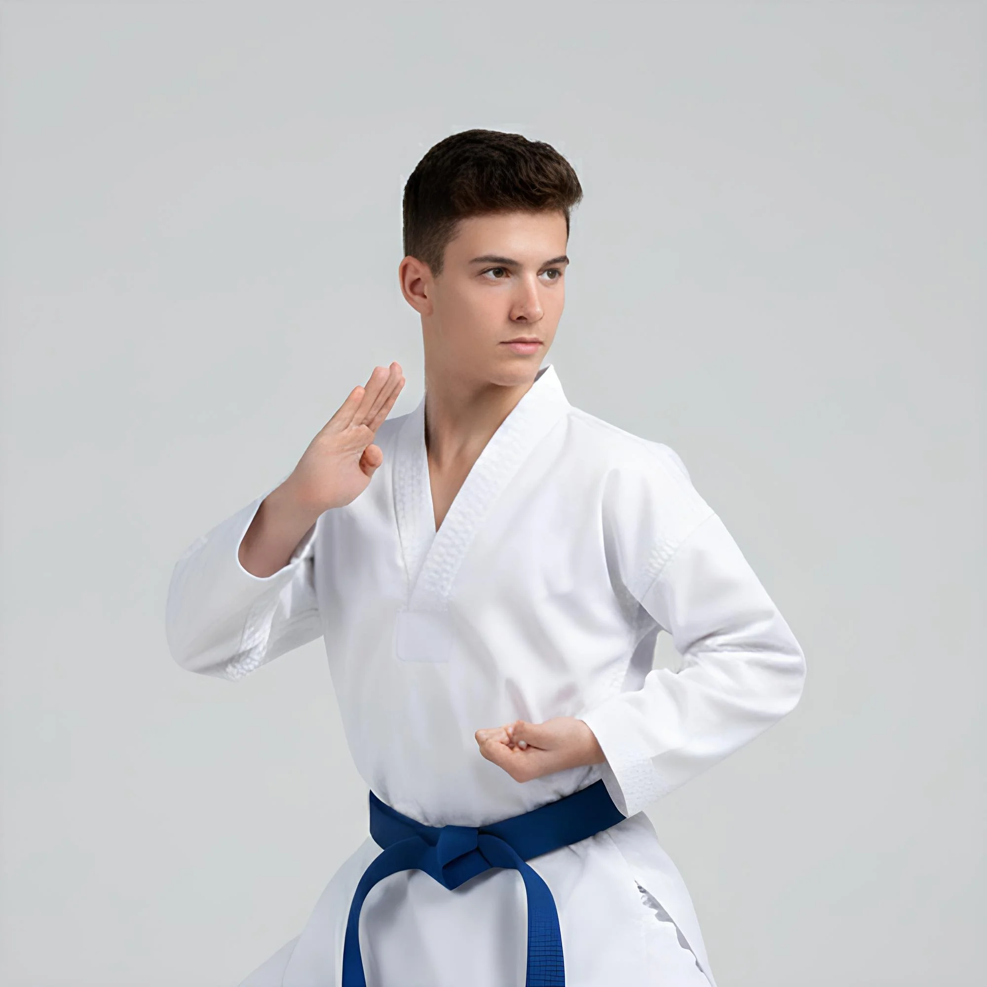 Young man wearing a white karate uniform with a blue belt, practicing a martial arts move.