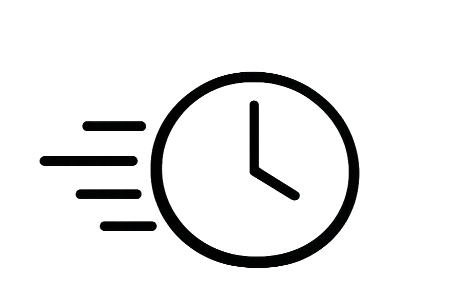 Icon of a clock with motion lines indicating speed or quickness, representing fast time or promptness.