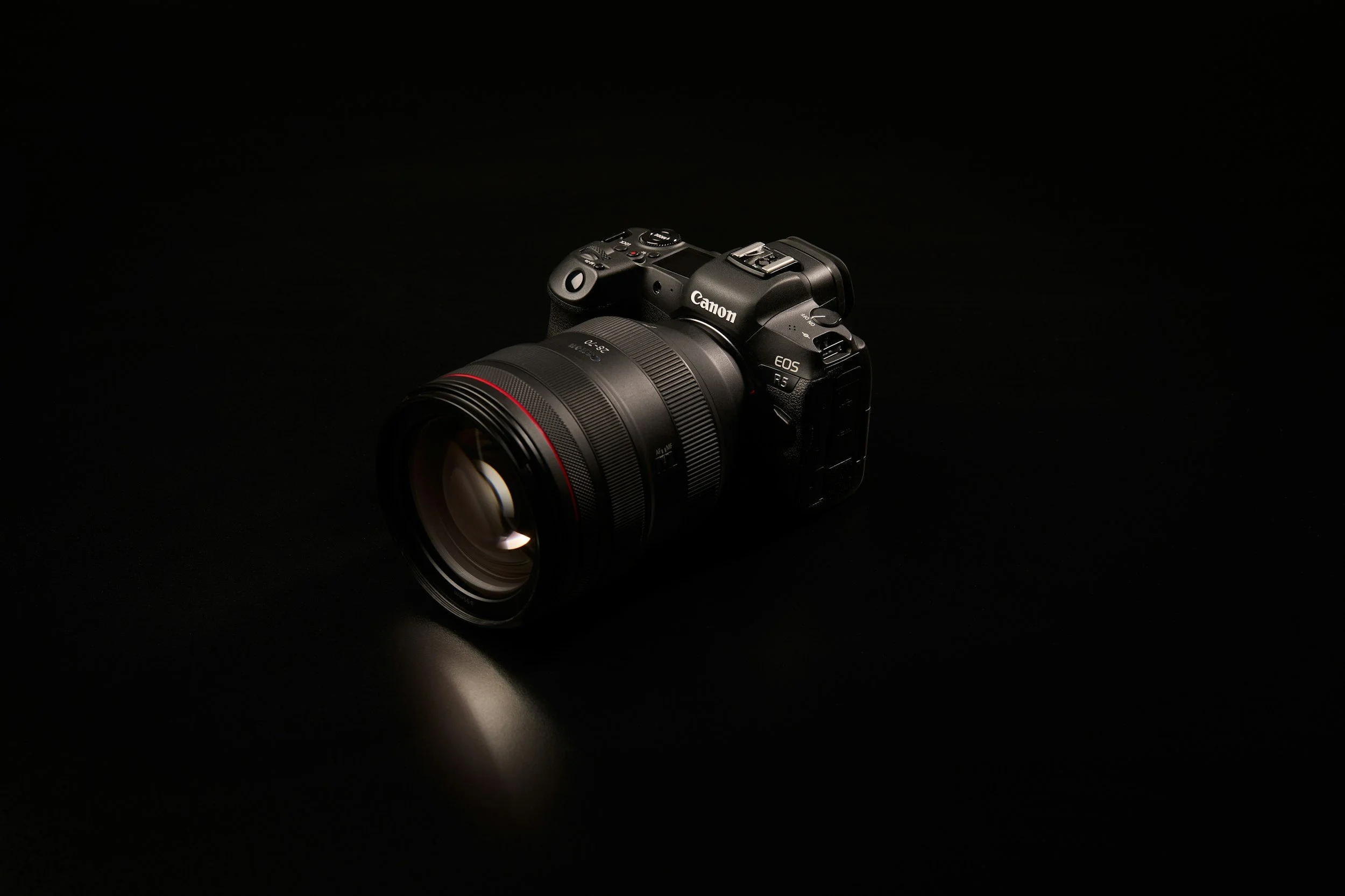 A professional Canon EOS R5 camera with a large lens on a dark background.