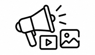 Icon of a megaphone next to a play button and a picture frame representing media and content sharing.