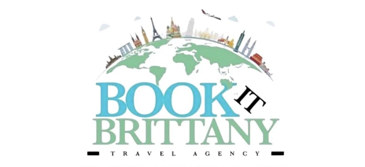 Logo for Book It Brittany Travel Agency featuring a stylized globe with landmarks around the world and the agency name in colorful text.
