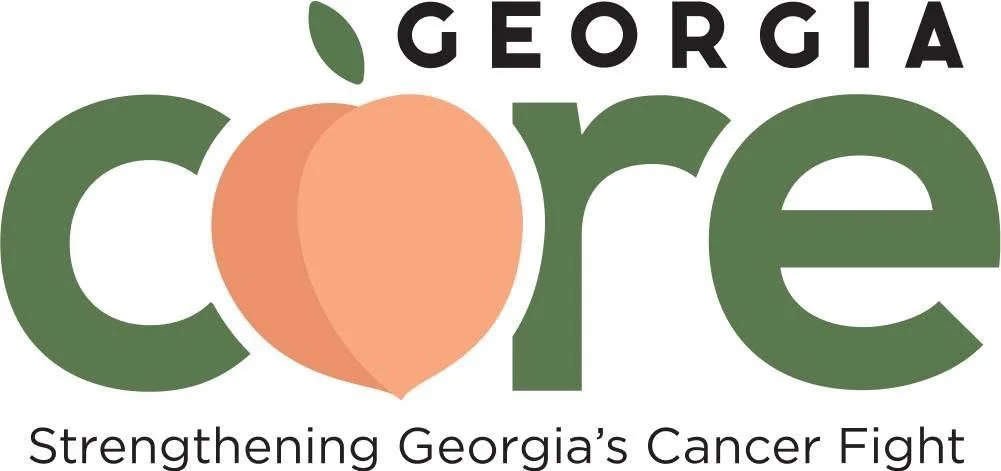 Logo for Georgia CORE with an illustration of a peach replacing the letter 'o' in 'core', and the tagline 'Strengthening Georgia's Cancer Fight'.