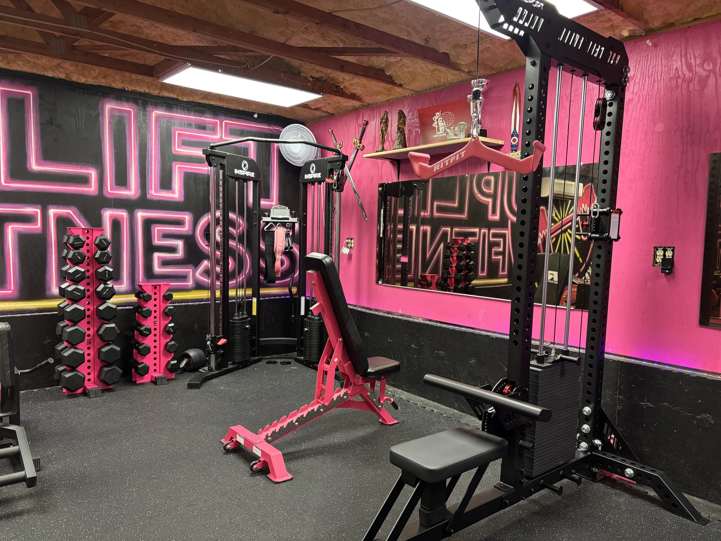 A gym or fitness room with pink and black decor, featuring various weightlifting equipment, including dumbbell racks, a bench, a squat rack, and a pull-down machine. Pink neon lights spell out 'LIFE FITNESS' on the wall.