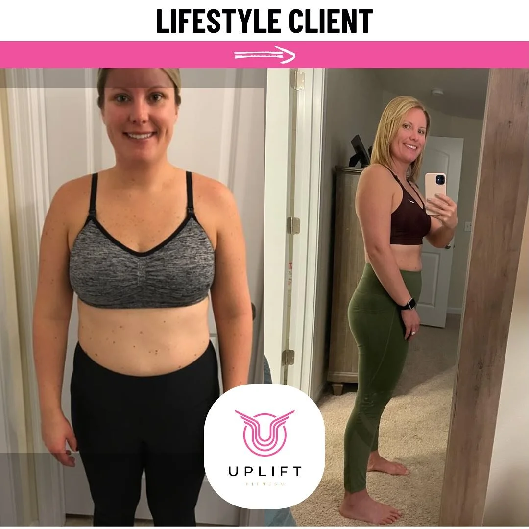 Side-by-side before and after photos of a woman showing weight loss and muscle toning, with the UPLIFT Fitness logo in the center and the text 'LIFESTYLE CLIENT' at the top.