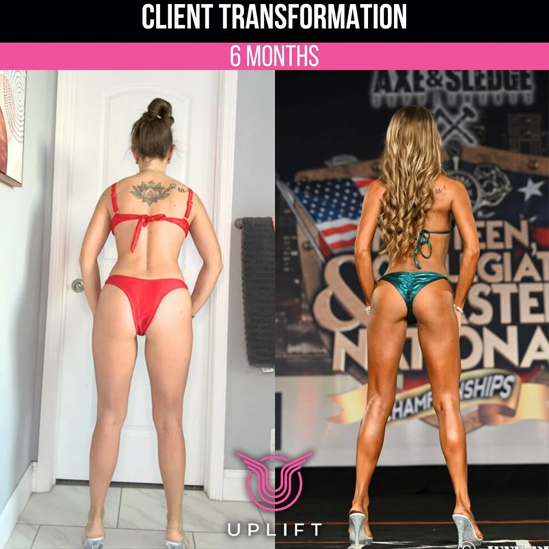 Comparison photo showing a woman before and after a 6-month fitness transformation, with noticeable body toning and muscle definition.