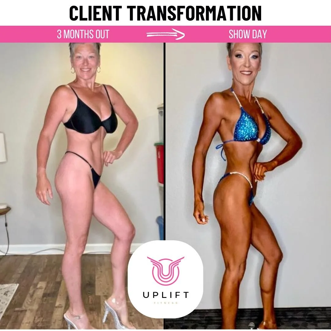 Comparison photo showing a woman before and after body transformation over three months. Left side labeled "3 Months Out" shows her with a softer physique, wearing a black bikini. Right side labeled "Show Day" shows her with a more toned, muscular physique, wearing a blue bikini with jewelry. The image promotes UPLIFT Fitness.