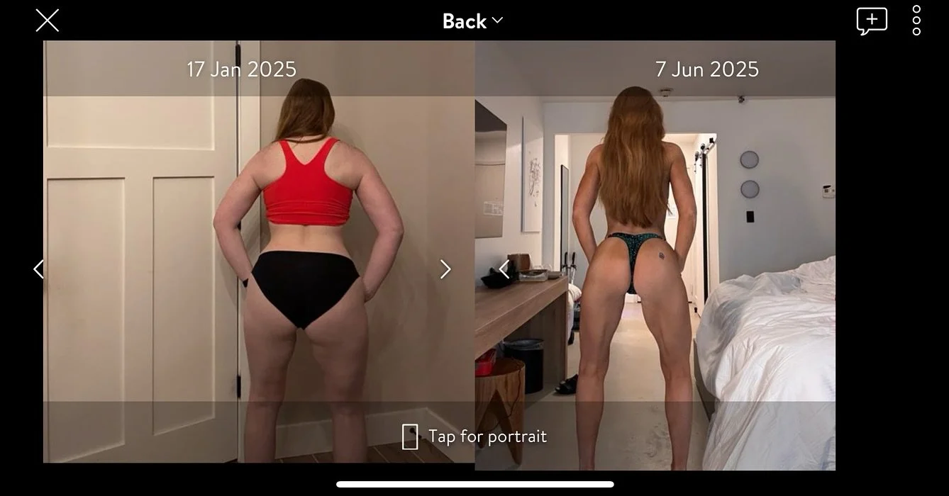 Side-by-side comparison of a woman's back in two photos, from January and June 2025, showing physical changes over five months.