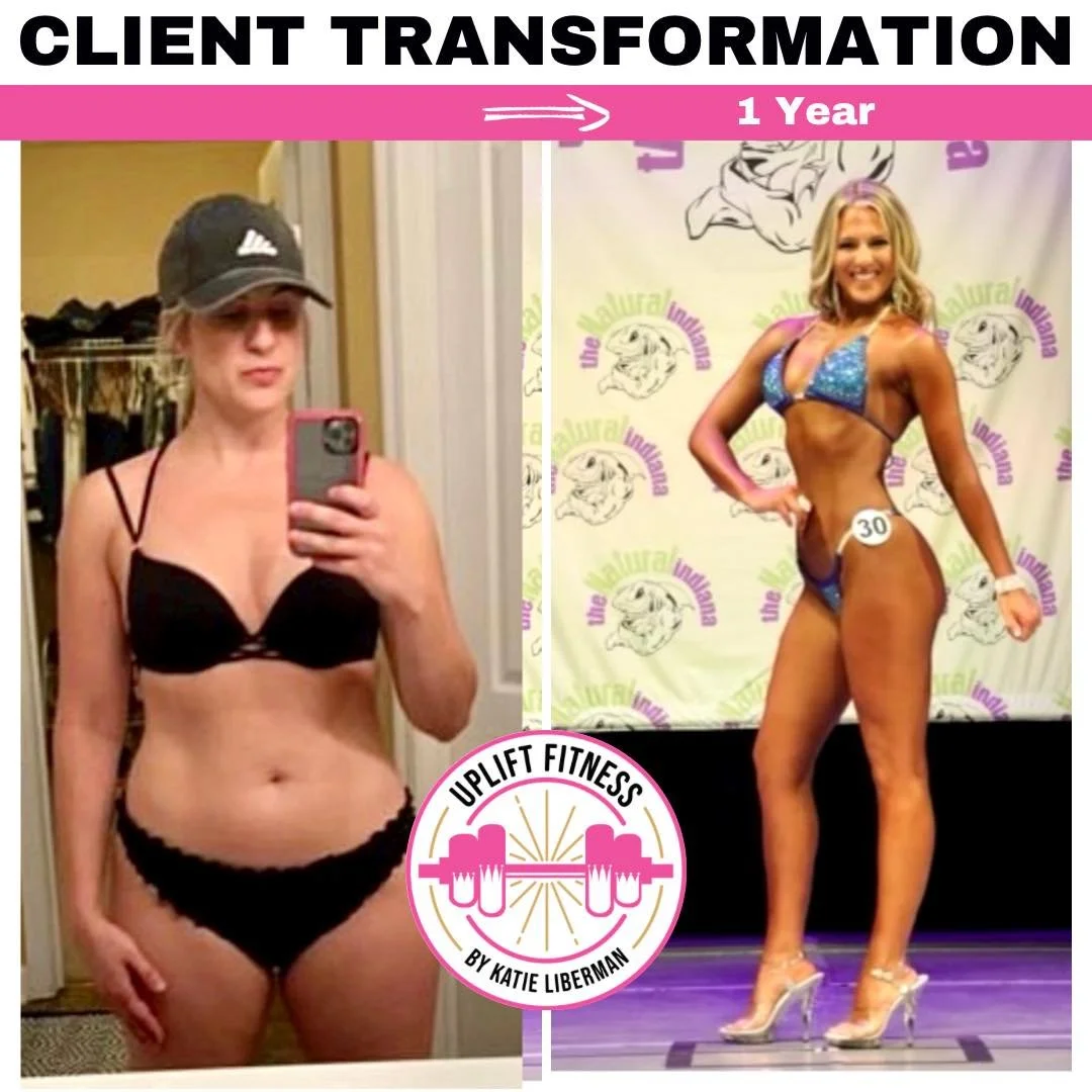 Side-by-side before and after fitness transformation photos of a woman, showing weight loss and muscle toning, with the label 'Client Transformation - 1 Year' and a logo for Uplift Fitness.