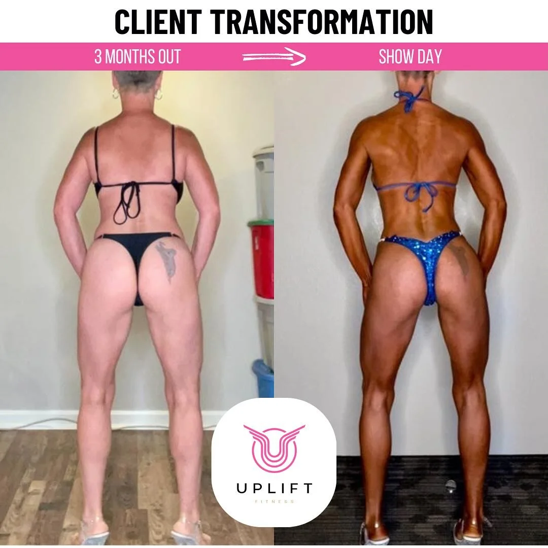 Side-by-side photos showing a woman's transformation over three months, with the left labeled '3 Months Out' and the right labeled 'Show Day.' The woman is standing with her back to the camera, wearing a bikini in both images. Her muscle tone and body definition have significantly improved in the second photo.