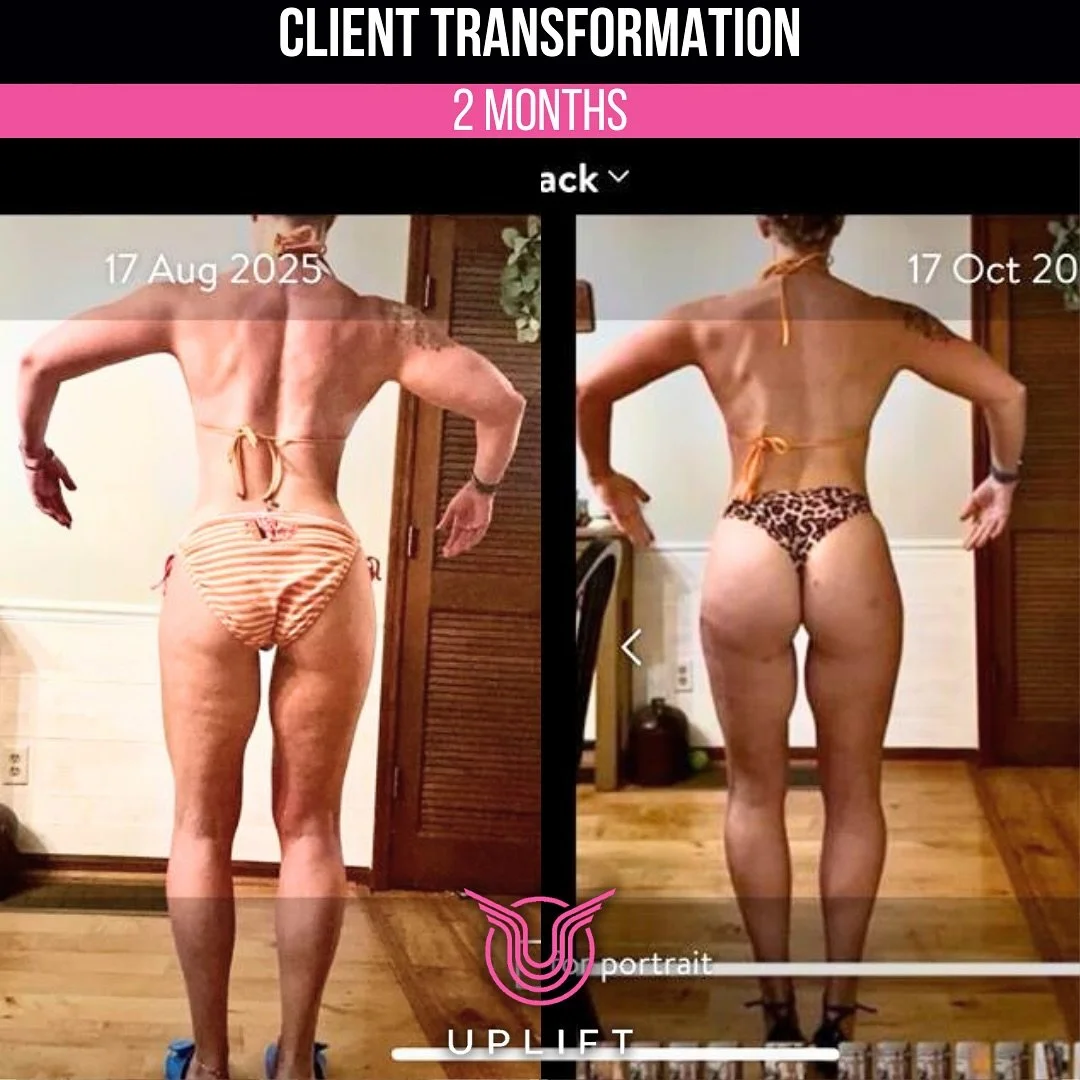 Side-by-side comparison photos showing a woman's back before and after a two-month transformation. The left photo is dated August 17, 2025, and the right photo is dated October 17. The woman is wearing different bikinis in each photo and is standing in a room with wooden floors and a closed wooden door.