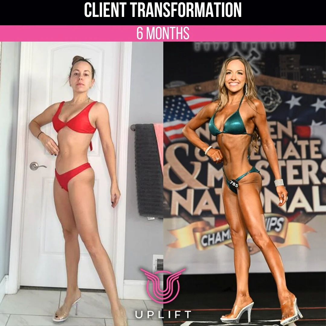 Side-by-side comparison of a woman before and after a six-month fitness transformation, showcasing significant muscle toning and weight loss. In the 'before' photo, she wears a red bikini, standing indoors with a neutral expression. In the 'after' photo, she is on stage in a teal bikini, smiling confidently at a bodybuilding competition backdrop.