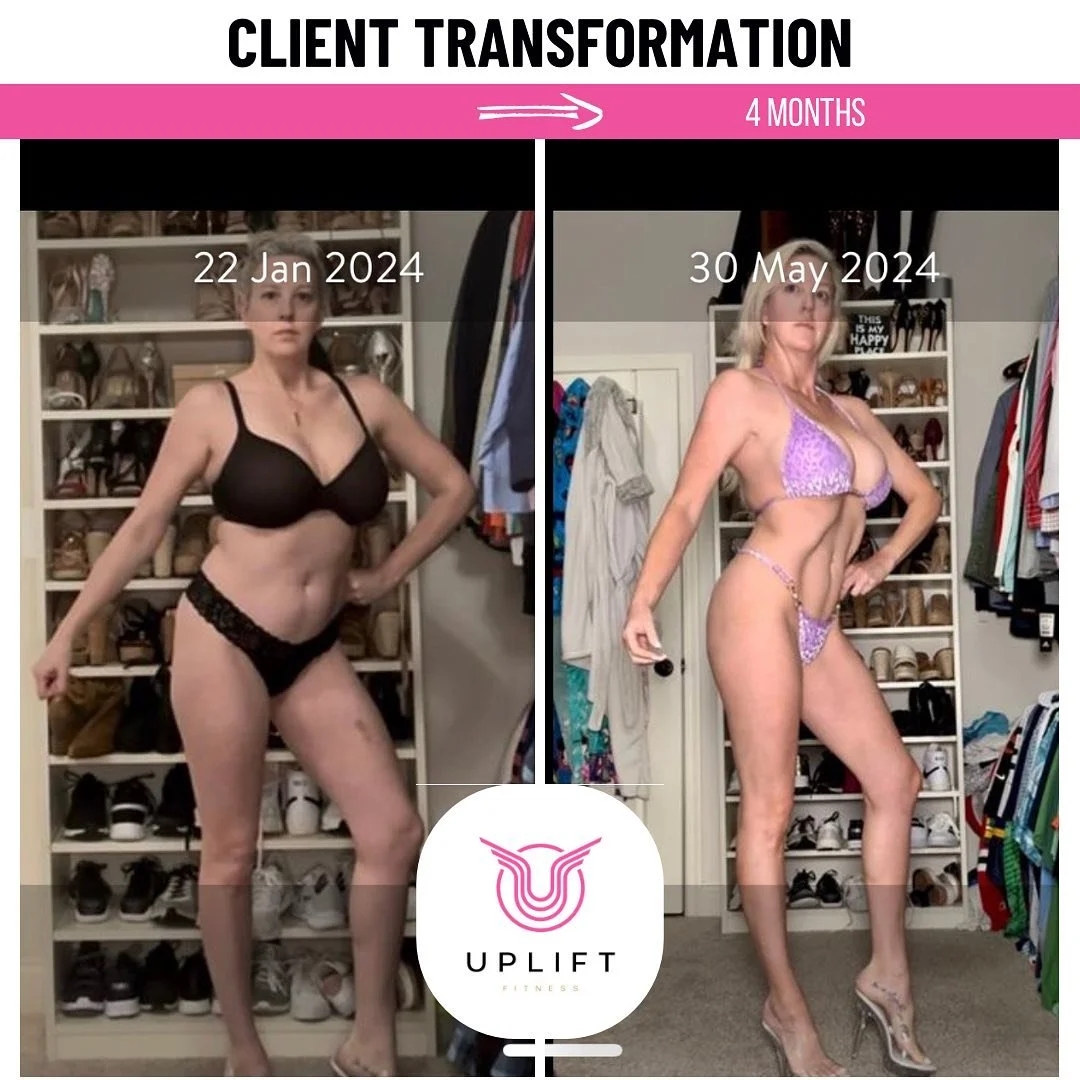 Before and after photos of a woman showing her weight transformation over four months. The first photo is dated 22 Jan 2024, and the second is 30 May 2024, highlighting significant body change. The woman is in a closet with shoes and clothing in the background, posing in lingerie.