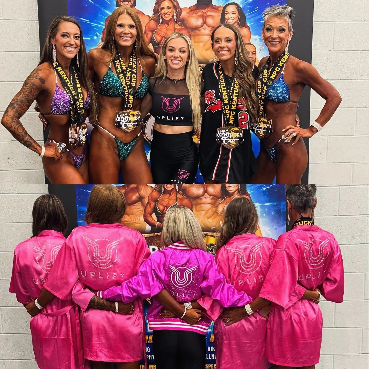 Two groups of women, one in fitness competition bikinis and medals, and the other in pink jackets with 'UPLIFT' logo, standing with their backs to the camera, looking at a poster of muscular men, in an indoor setting.