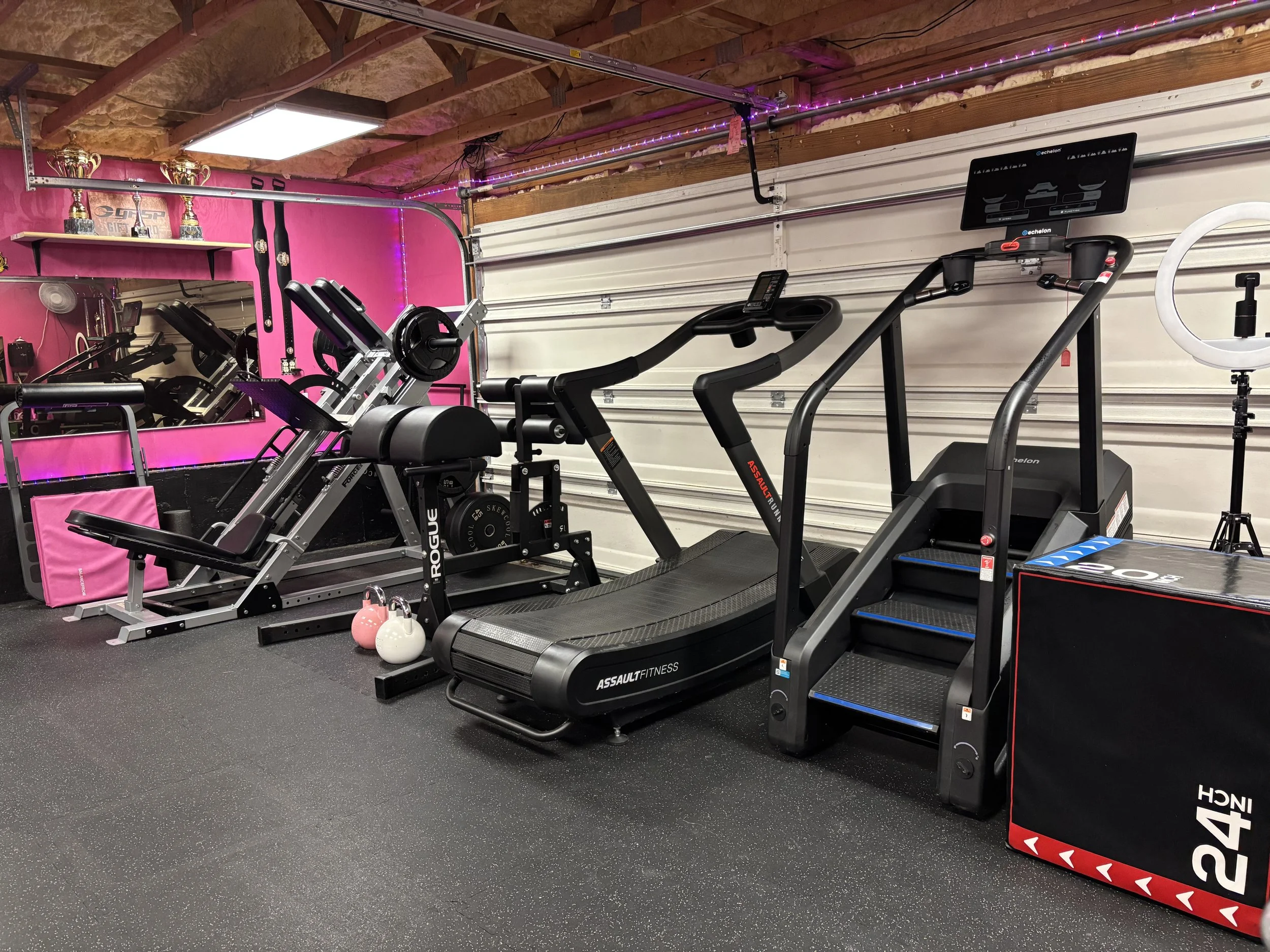A home gym with various exercise equipment including a treadmill, stair stepper, weight bench, kettlebells, and a plyometric box. The room has pink walls, mirrors, and purple LED lighting.