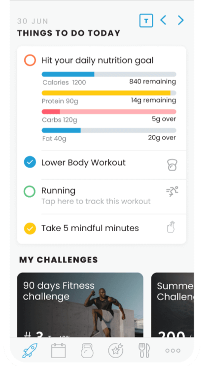 Mobile app screen showing daily health and fitness goals, including calorie intake, protein, carbs, and fat, with checklists for lower body workout, running, and taking five mindful minutes. Also features fitness challenges at the bottom.