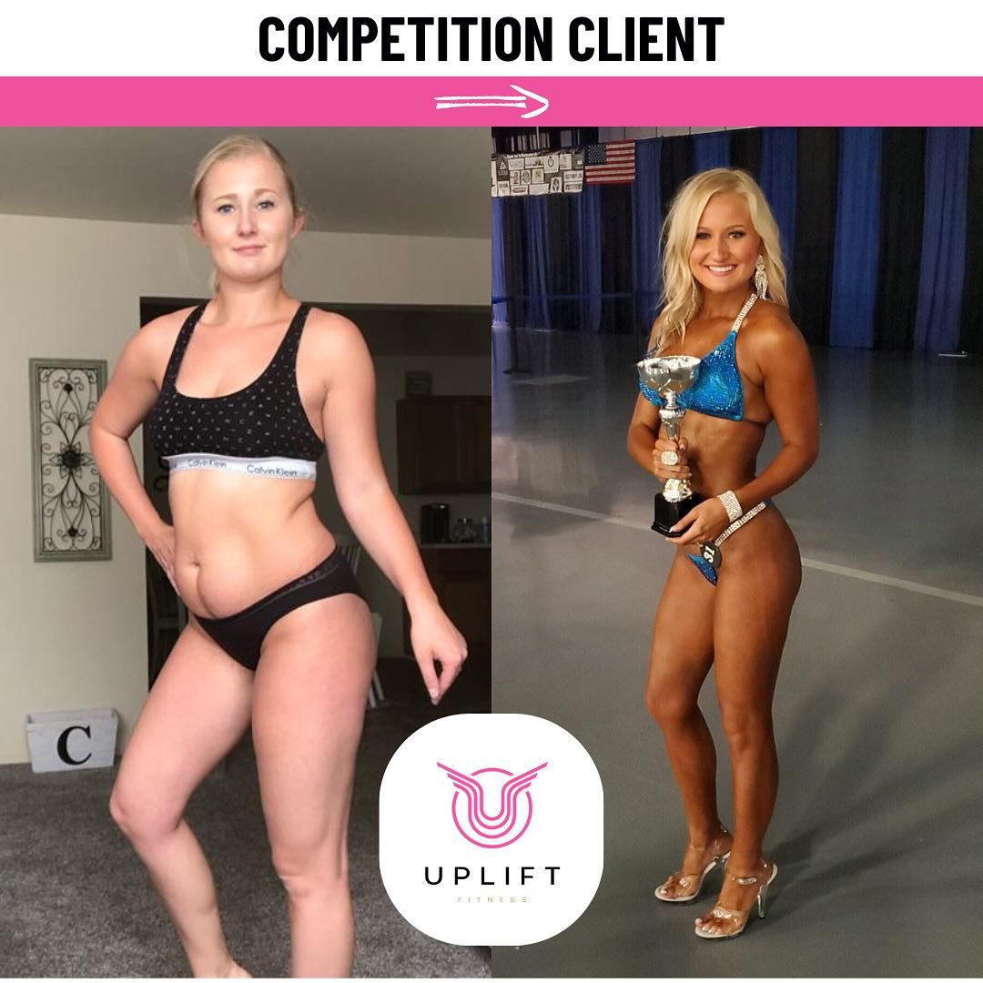 Side-by-side comparison of a woman before and after fitness transformation, with the after image showing her in a competition swimsuit holding a trophy, smiling on stage.