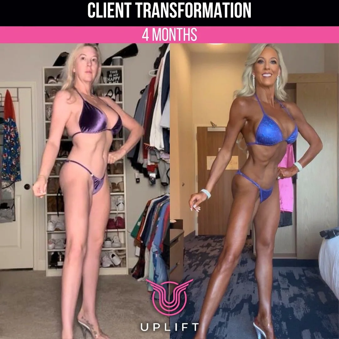 Side-by-side before and after photos of a woman, showing her 4-month fitness transformation. The before photo on the left depicts a woman with a less defined physique, wearing a purple bikini in a room with clothes and shoes visible in the background. The after photo on the right shows the same woman with a toned, muscular physique, wearing a blue bikini, in a hotel room with a wooden door and patterned carpet. The text at the top reads 'Client Transformation 4 Months' and the logo at the bottom says 'Uplift'.