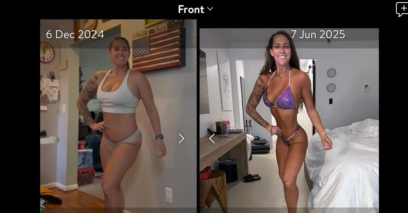 Comparison of a woman in lingerie on December 6, 2024, and June 7, 2025, showing changes in physique over time.
