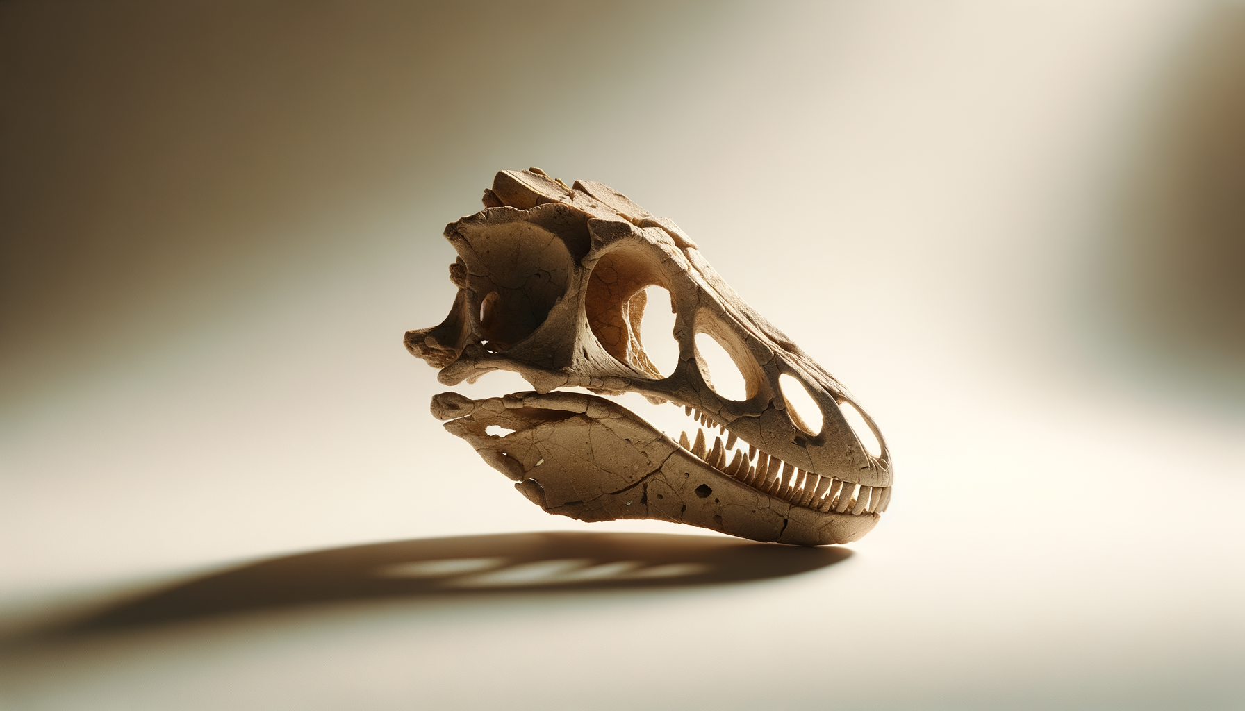 Fossilized dinosaur skull on a plain surface with soft lighting.
