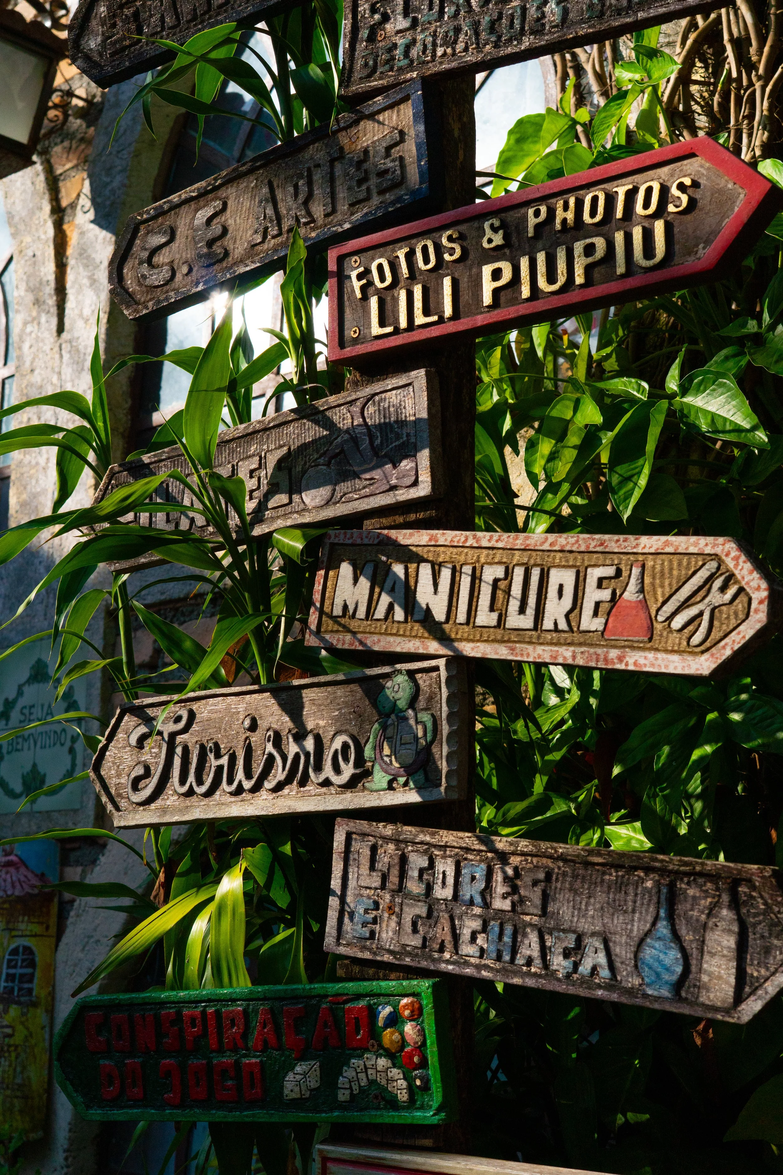 Sinalizações de madeira apontando para diferentes serviços, incluindo fotos e fotos de Lili PiuPiu, manicure, turismo, computador e cachorros, rodeadas de folhas verdes.