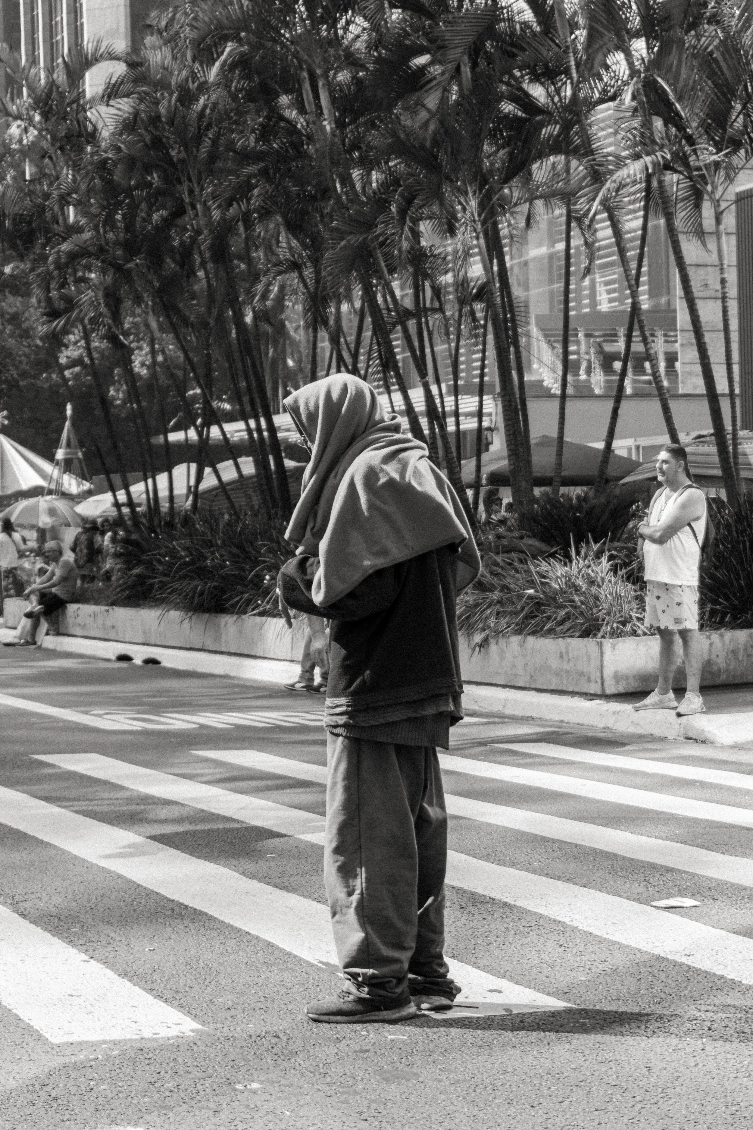 Pessoa com moletom e capuz cobrindo o rosto, de pé na faixa de pedestres, na rua, ao lado de plantas, ao fundo outras pessoas e edifícios.