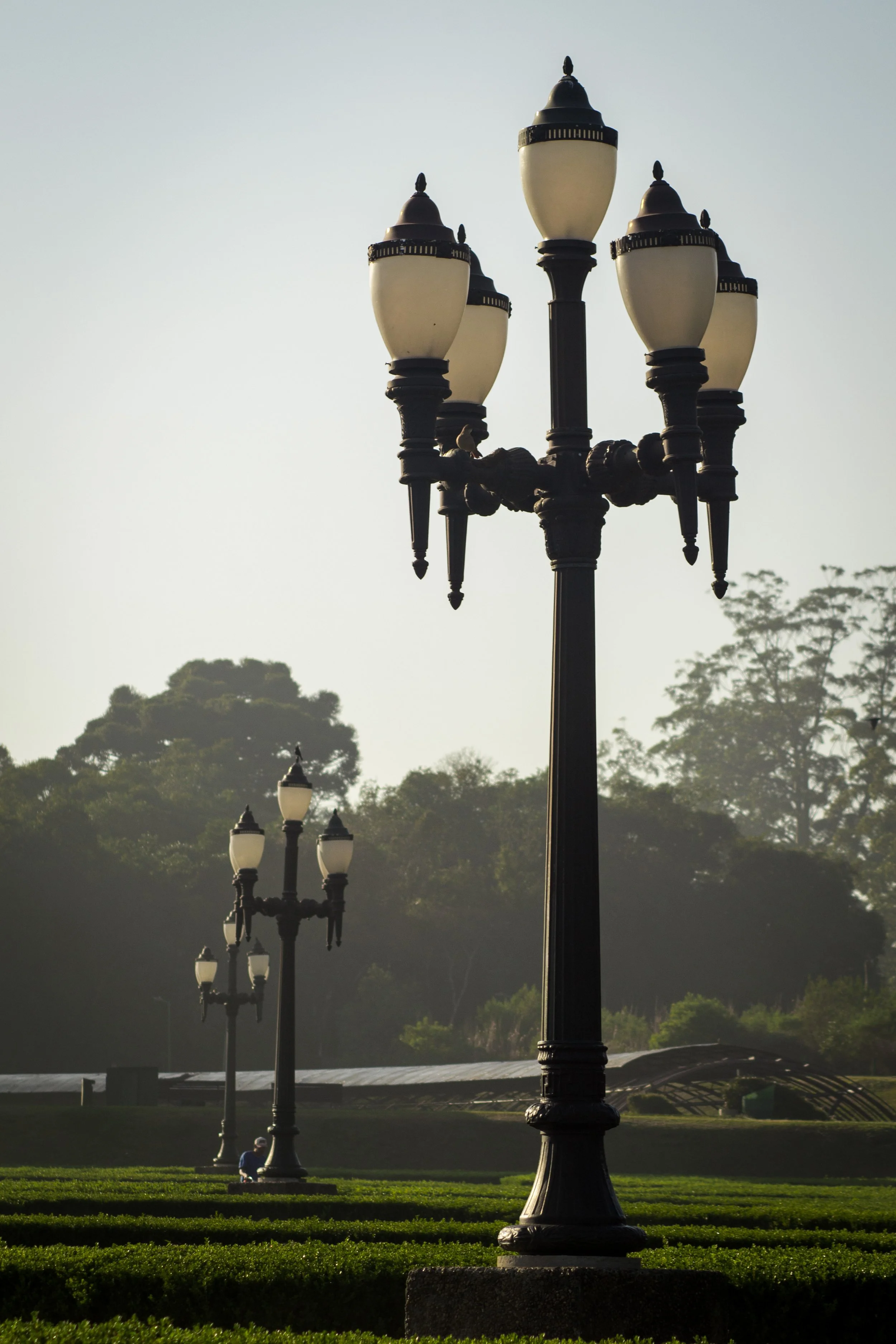 Postes de iluminação em um parque com árvores ao fundo.