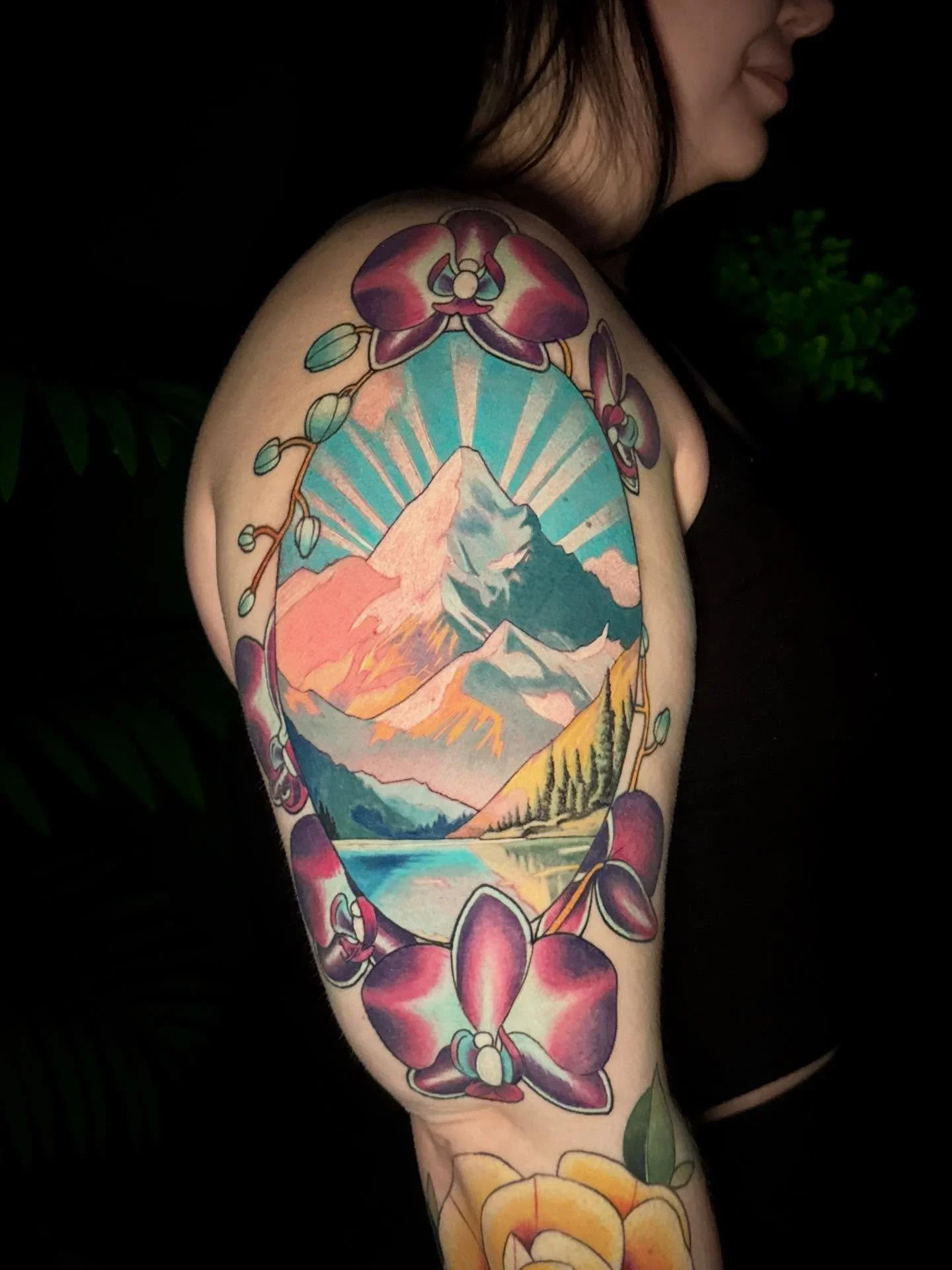 Loved doing this neo/illustrative take on a landscape! Thank you Melissa for the continued trust! Can&rsquo;t wait to create with you more! #tattooartist #njtattooartist #colortattoo #landscape #femaletattooartist