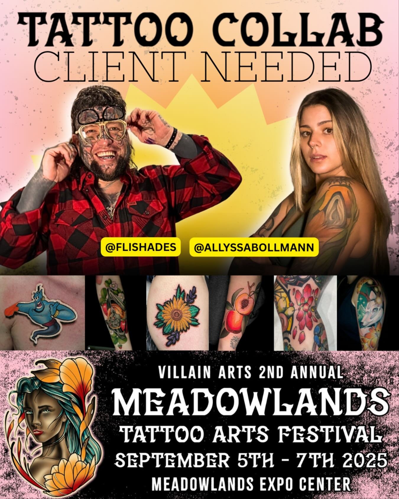 CLIENT NEEDED! ⭐️ Looking for a lucky person down to get a collaboration tattoo with the one and only @flipshades and I this weekend at the @meadowlandstattooartsfestival on Friday, September 5th. 
Serious inquiries only! DM either of us or fill out 