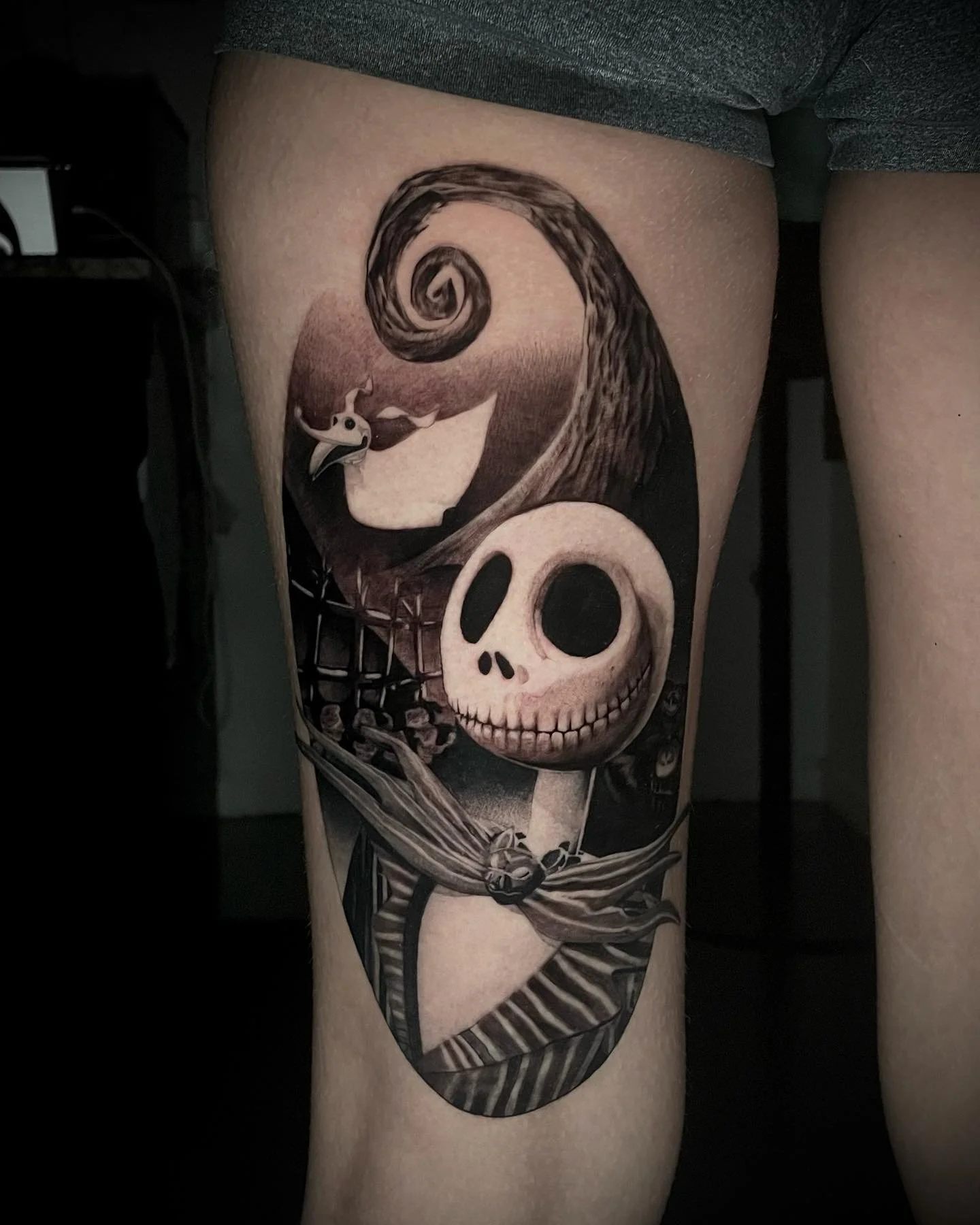 Jack 💀🎃 
bottom half is healed! 
.
.
.
#tattoo #tattooartist #njtattooartist #nightmarebeforechristmas #nightmarebeforechristmastattoo #jackskellingtontattoo #blackandgreytattoo