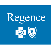 Regence logo with a blue background and white text, featuring symbols of a medical cross and a shield.