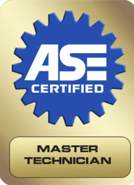 ASME Certified Master Technician badge with blue gear symbol and white text