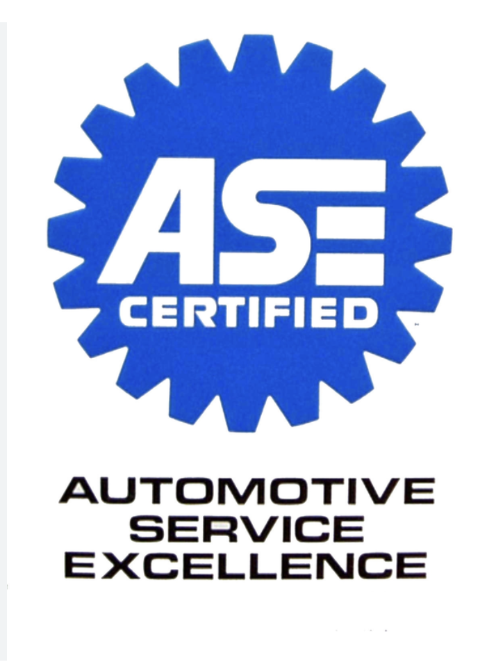 Blue gear-shaped badge with "ASE" in white, large letters, and "CERTIFIED" underneath. Below, black text reads "AUTOMOTIVE SERVICE EXCELLENCE".