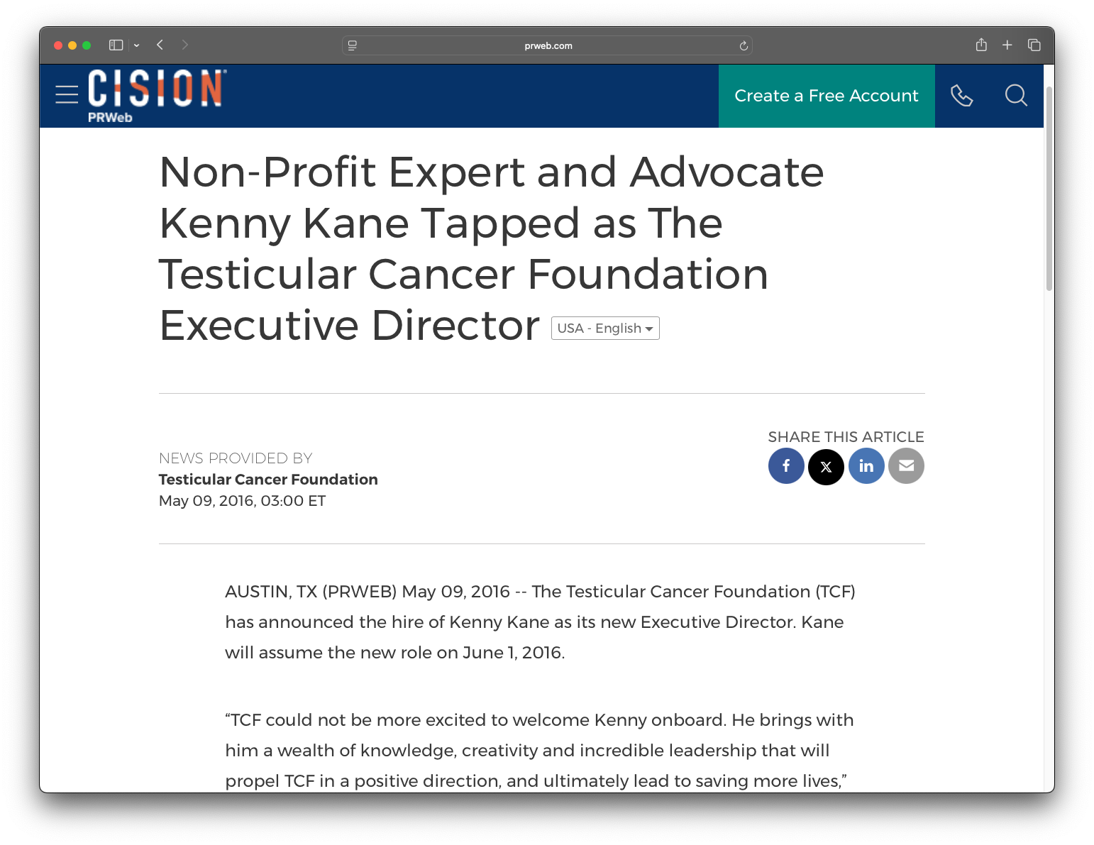 Non-Profit Expert and Advocate Kenny Kane Tapped as The Testicular Cancer Foundation Executive Director