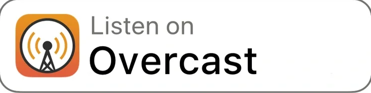 Overcast podcast app icon with radio tower symbol and the text 'Listen on Overcast'.
