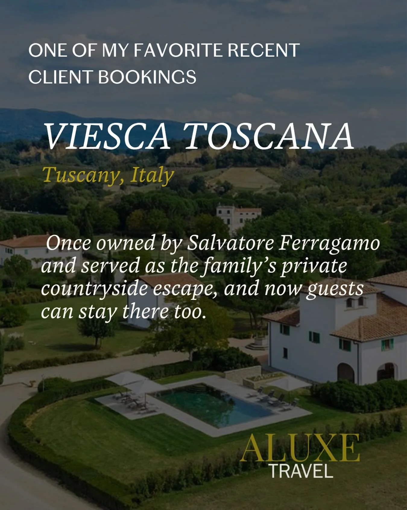 One of my favorite recent client bookings: Viesca Toscana 🇮🇹✨

Originally the country estate of Salvatore and Wanda Ferragamo, Viesca welcomed generations of the Ferragamo family for summers and holidays before becoming the beautiful retreat it is 