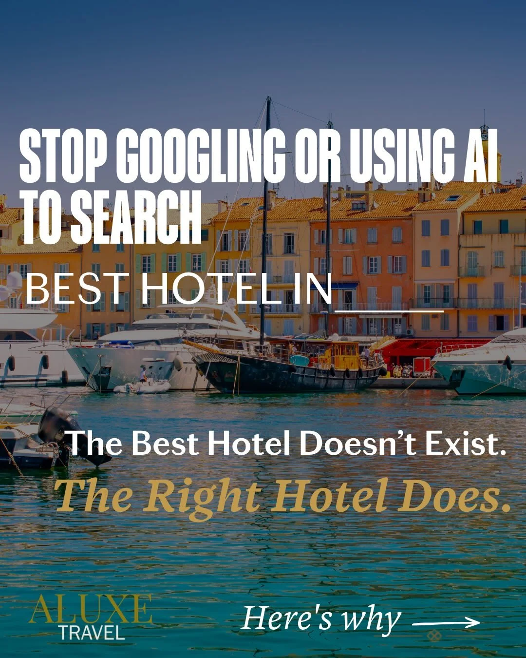 Stop Googling or using AI to search &ldquo;best hotel in ___.&rdquo; ✋
The internet will give you a list.

It won&rsquo;t tell you which hotel is best for you.

The perfect honeymoon hotel isn&rsquo;t the perfect family hotel. And neither is the perf