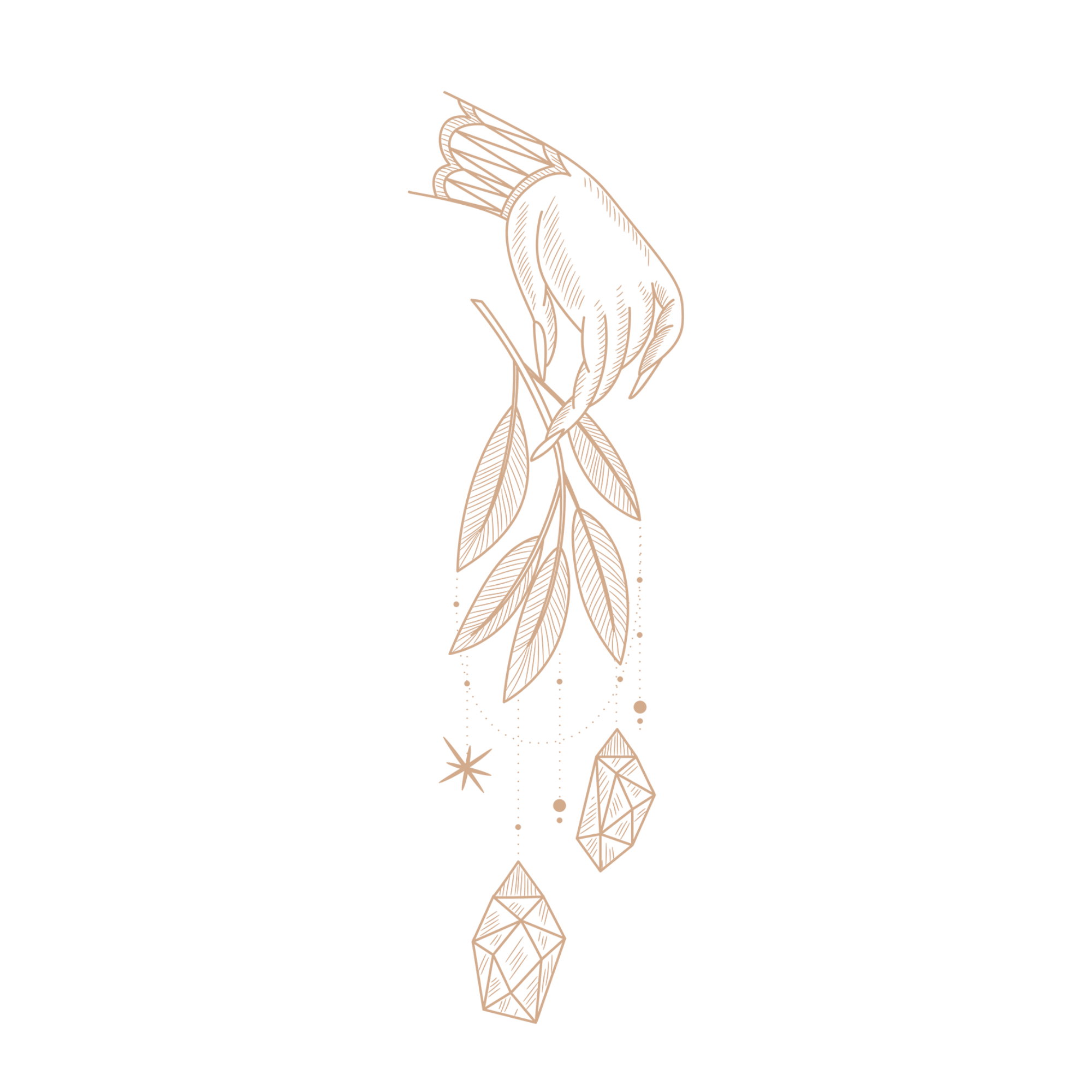 Line art illustration of a hand holding a wand, with geometric crystals and star shapes hanging from it, on a black background.