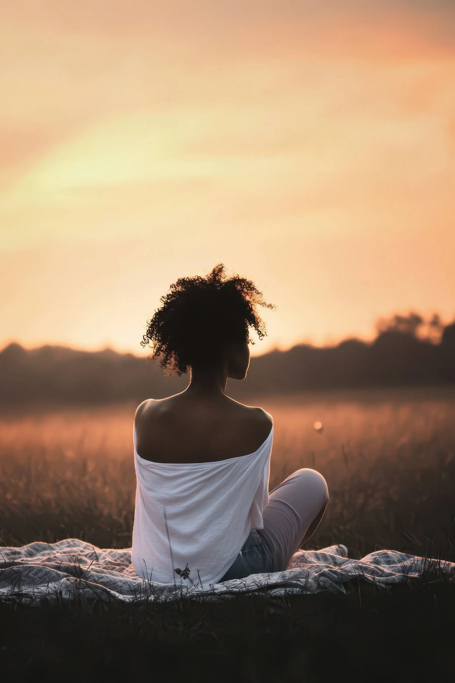 A woman with curly hair sitting cross-legged on a blanket in a field during sunset, wearing a white off-shoulder top and looking away from the camera.