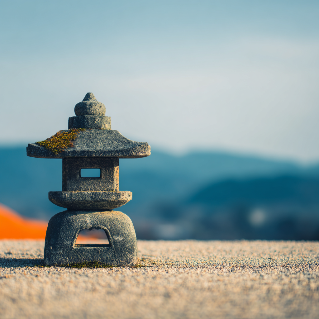 A stone lantern on a sandy surface with a blurred mountain landscape in the background.