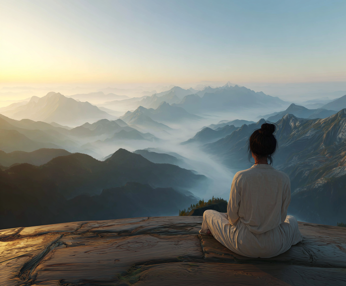 Woman sitting on top of a mountain meditating
