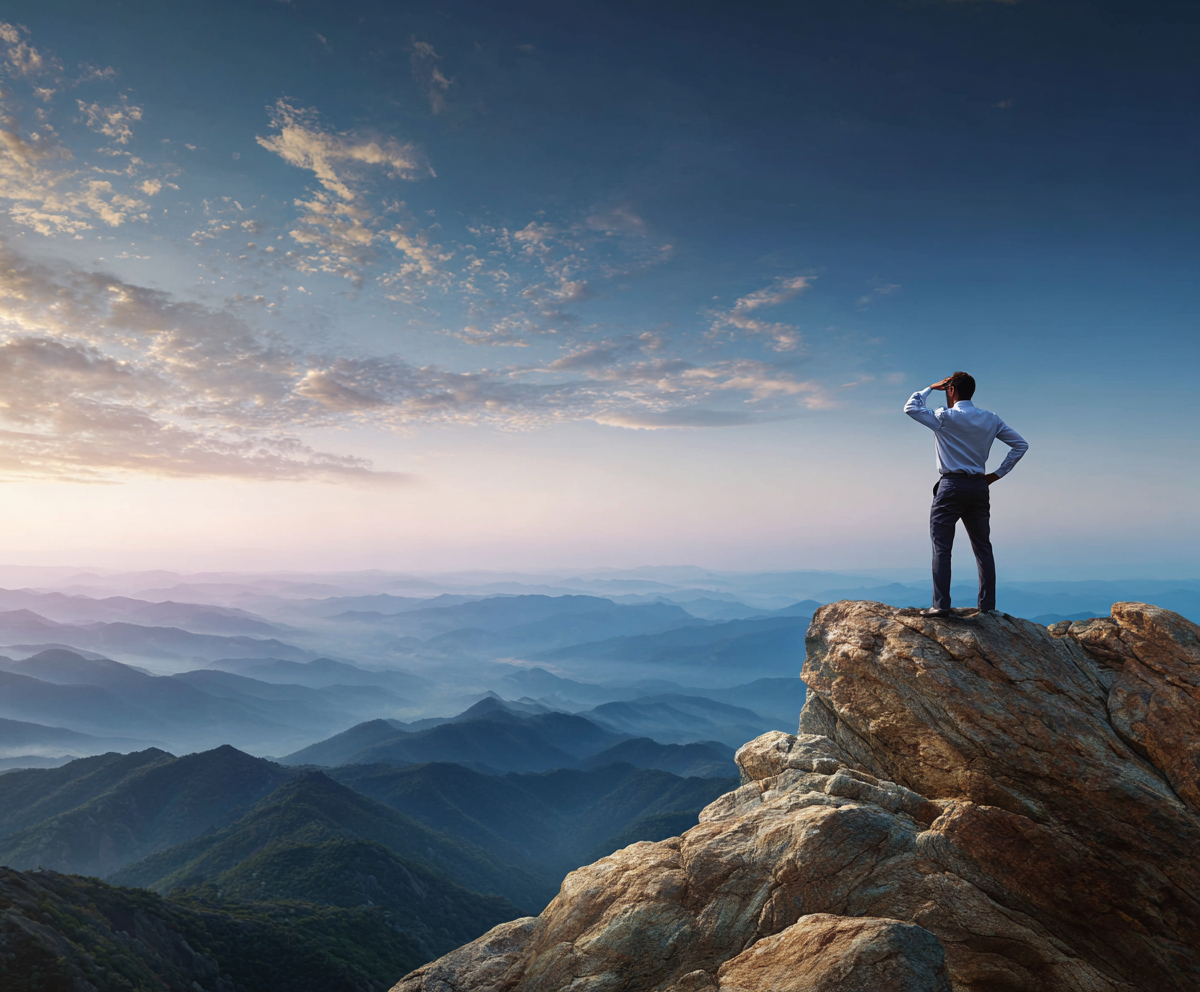 A man in business attire standing on a large rocky outcrop, looking out over a vast mountain range during sunrise or sunset.