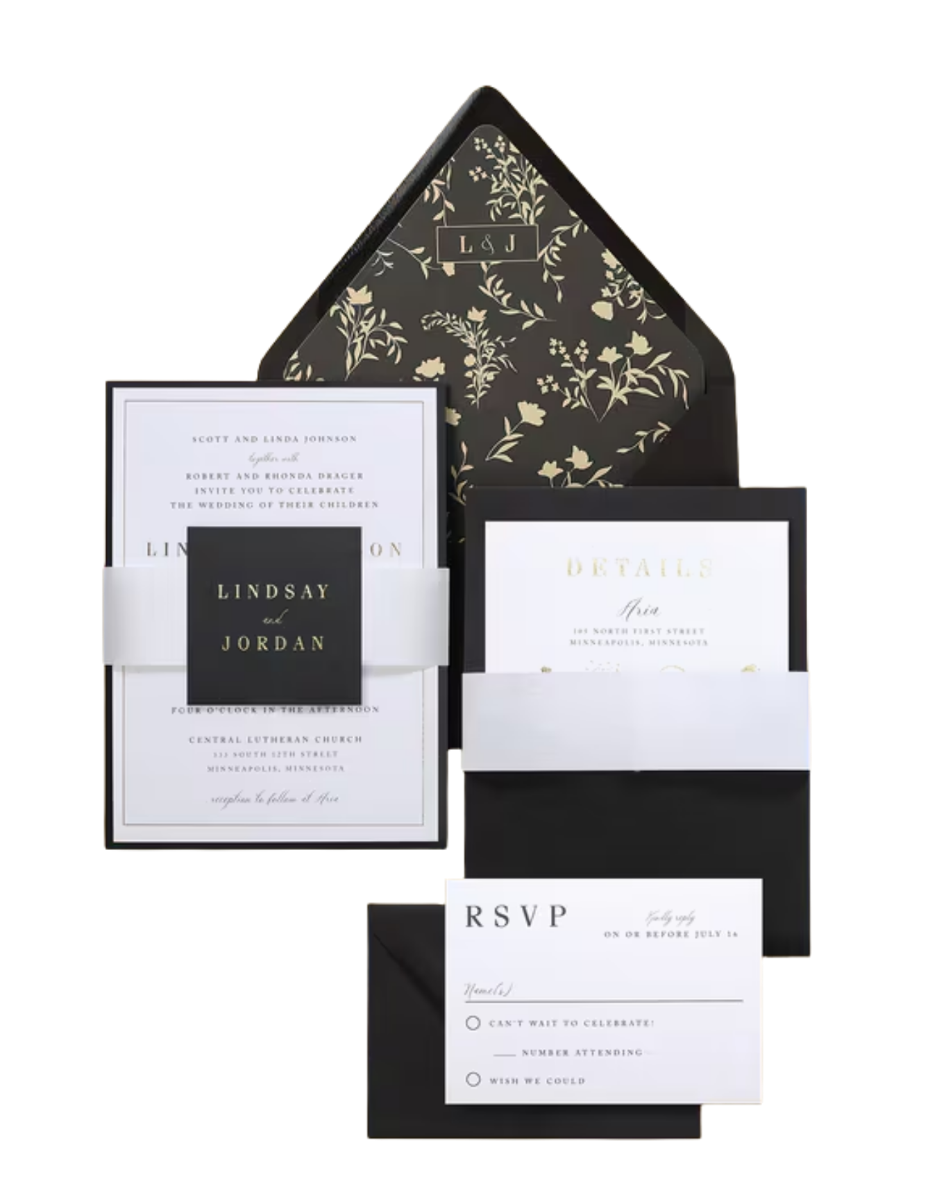 Elegant black and white wedding invitation suite including an inner invitation, details card, RSVP card, and a black envelope with a floral patterned lining. The suite features gold and black accents.