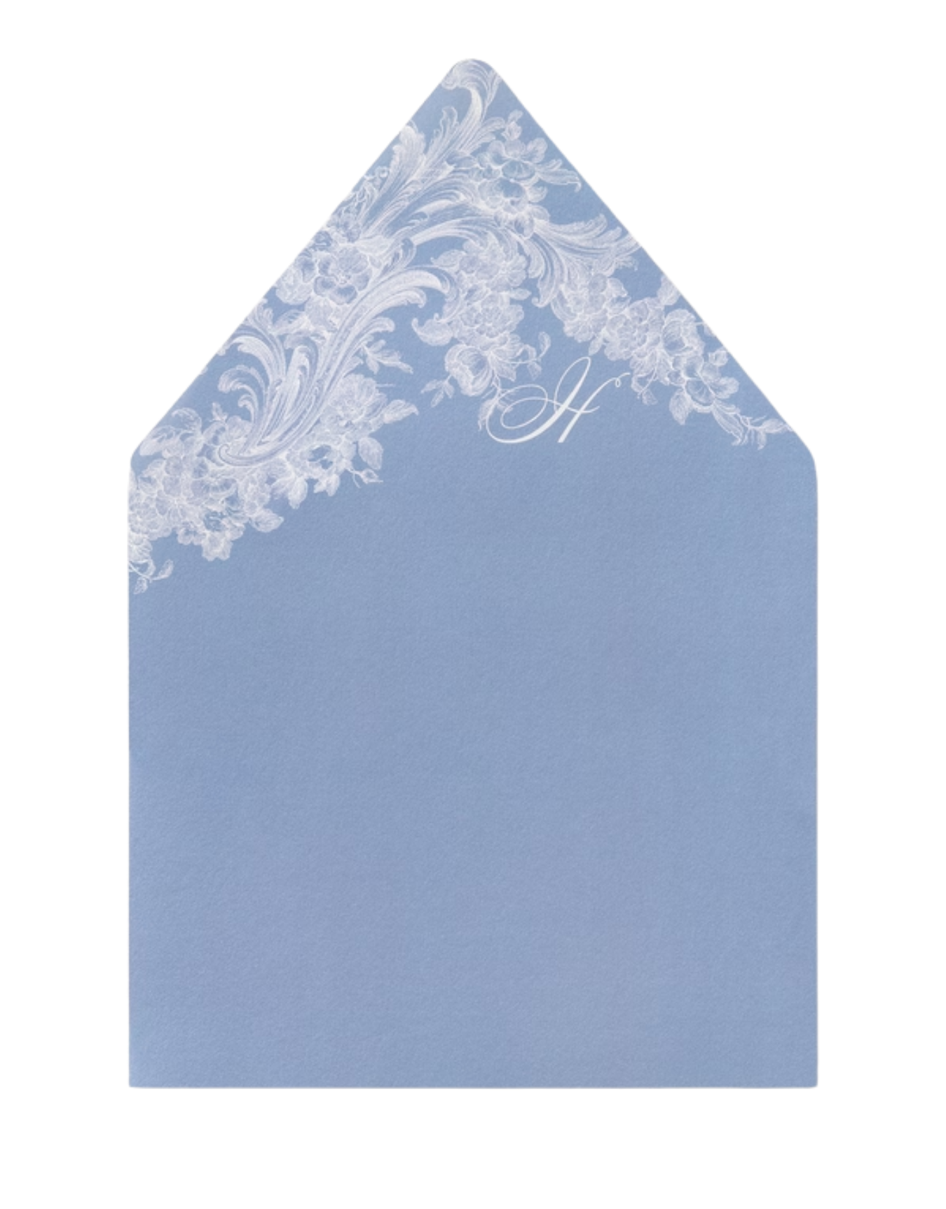 Light blue envelope liner with white floral and swirl design on upper part, and a white script letter H in the center.