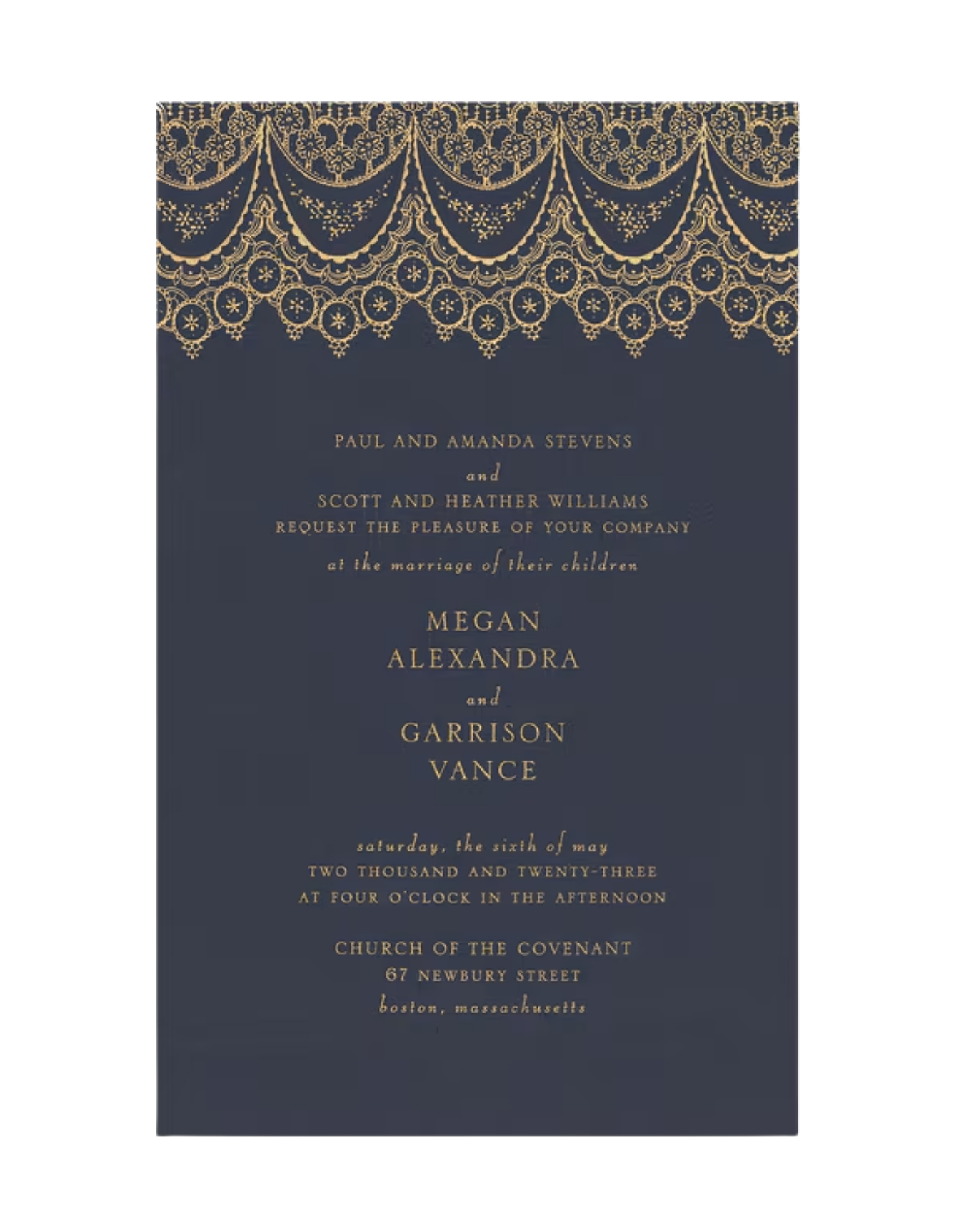 Elegant wedding invitation with gold foil lace pattern at the top, navy background, and gold text detailing names, date, time, and location of the wedding.