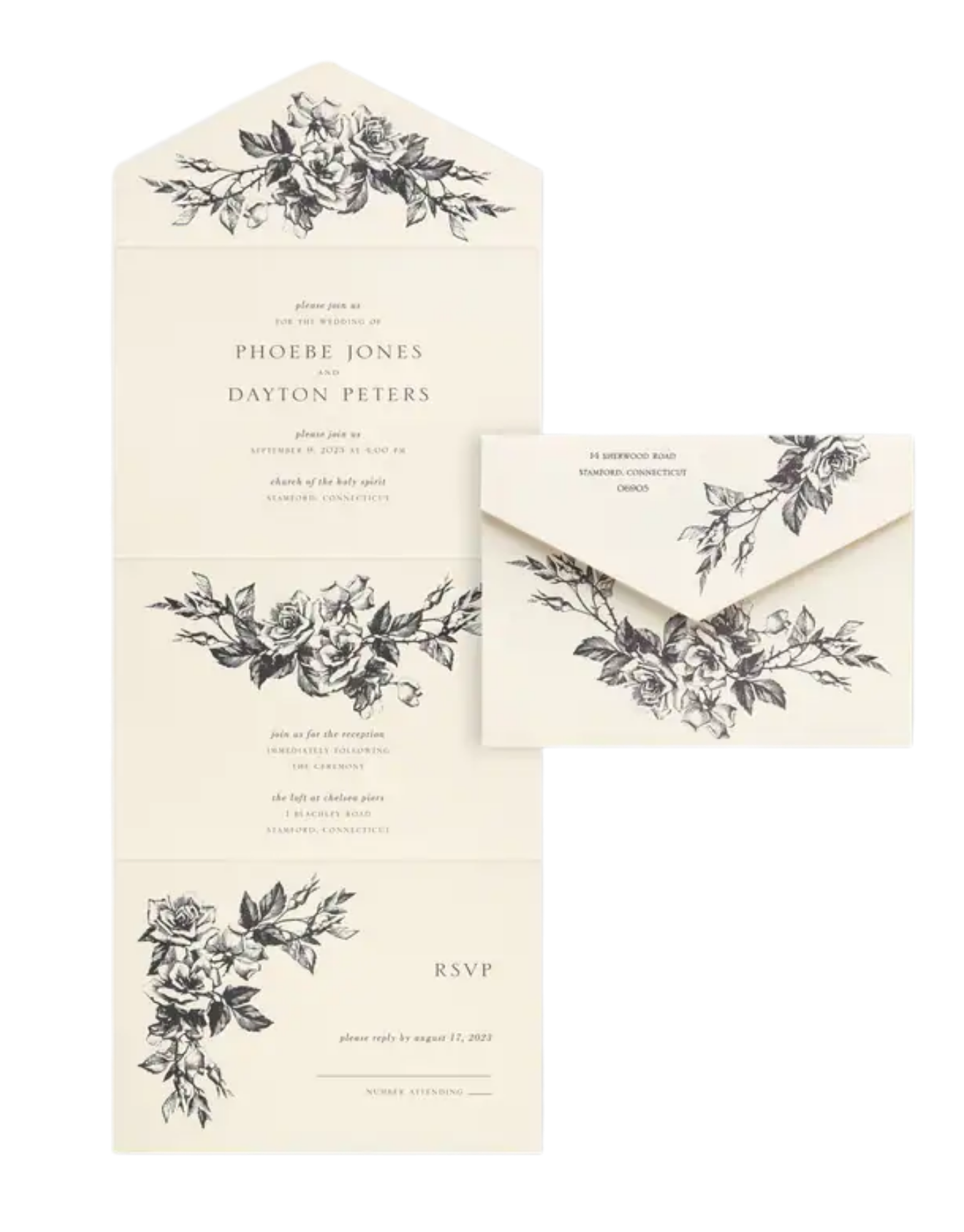 Affordable Wedding invitation set with black and white floral designs, including an invitation card, RSVP card, and envelope.