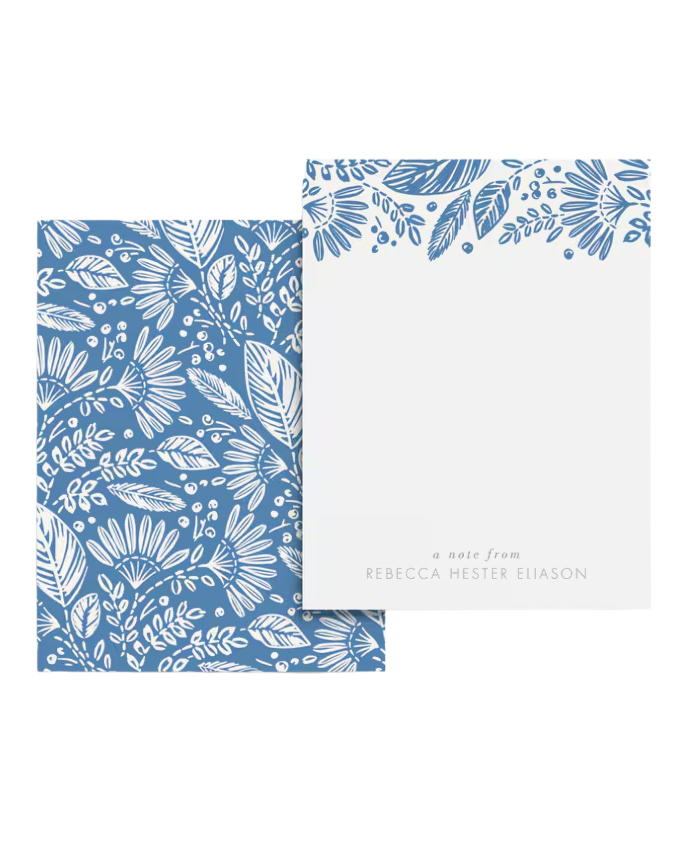 A white card with blue floral designs at the top, flip the card for a matching blue floral-patterned background.