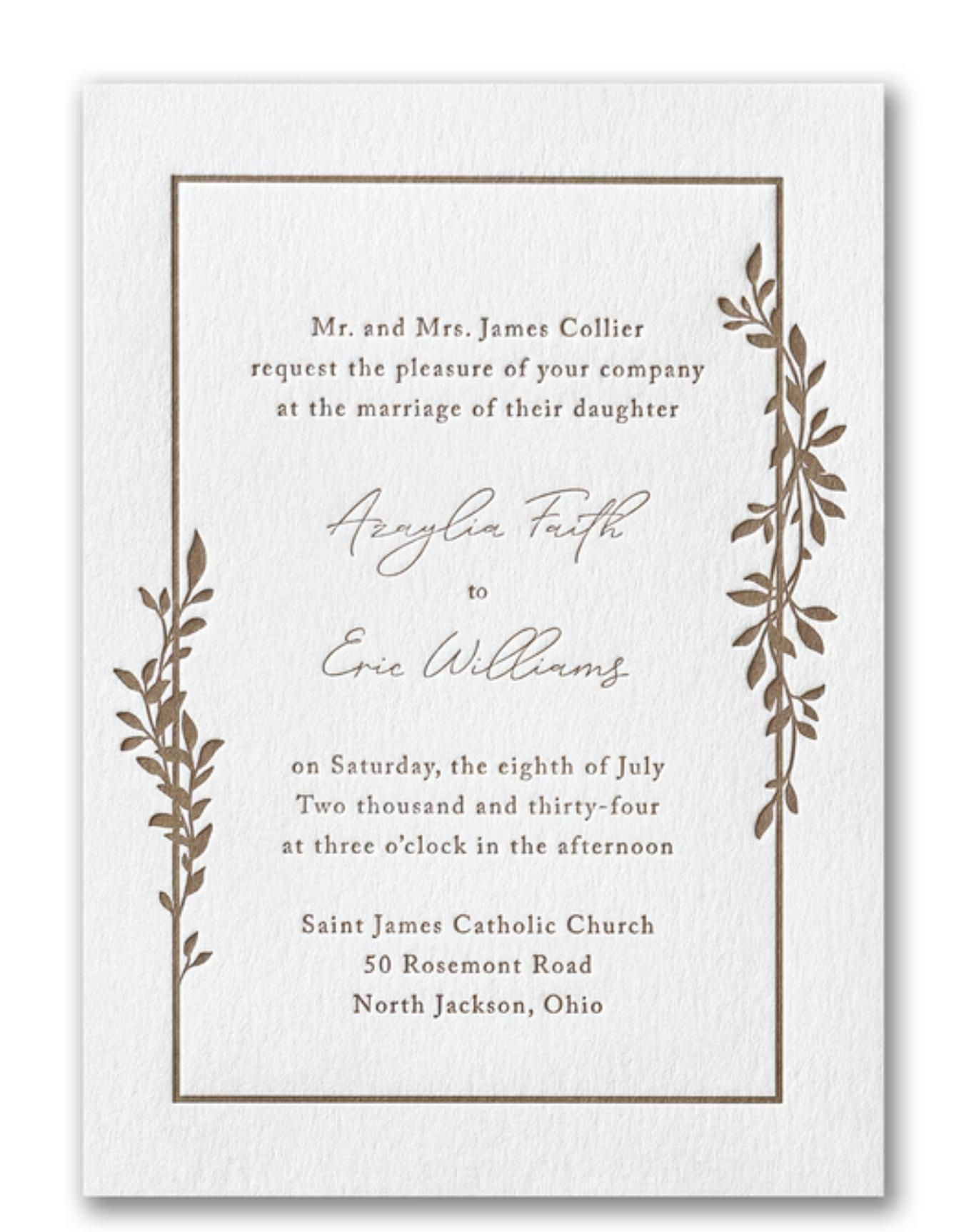 Wedding invitation with brown floral borders and elegant script text for a marriage ceremony at Saint James Catholic Church in North Jackson, Ohio.