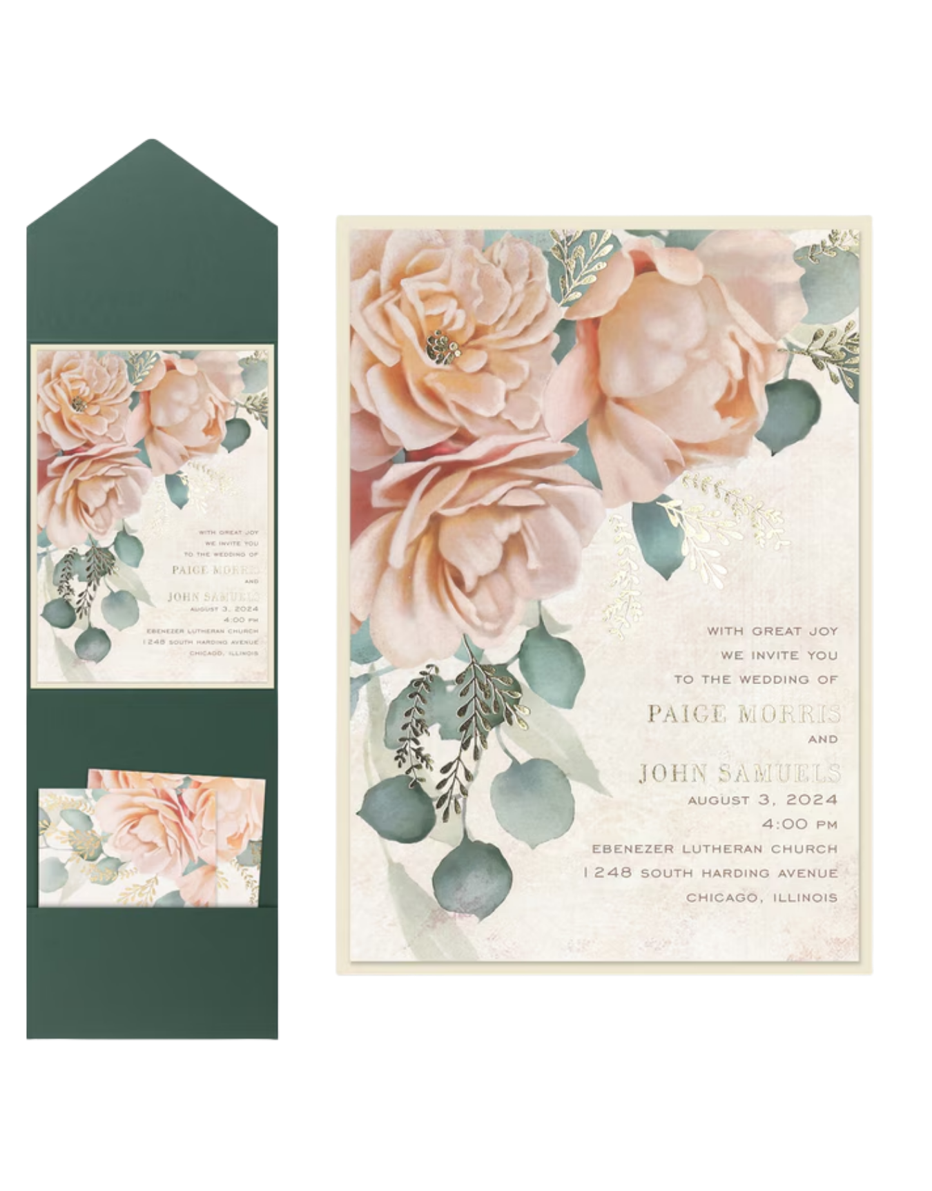 Wedding invitation card with watercolor pink roses, eucalyptus leaves, and gold accents, featuring event details printed in elegant font.